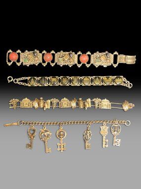 Vintage Bracelet Lot of 4 Gold Tone Souvenir Medical Key Charm Book Chain
